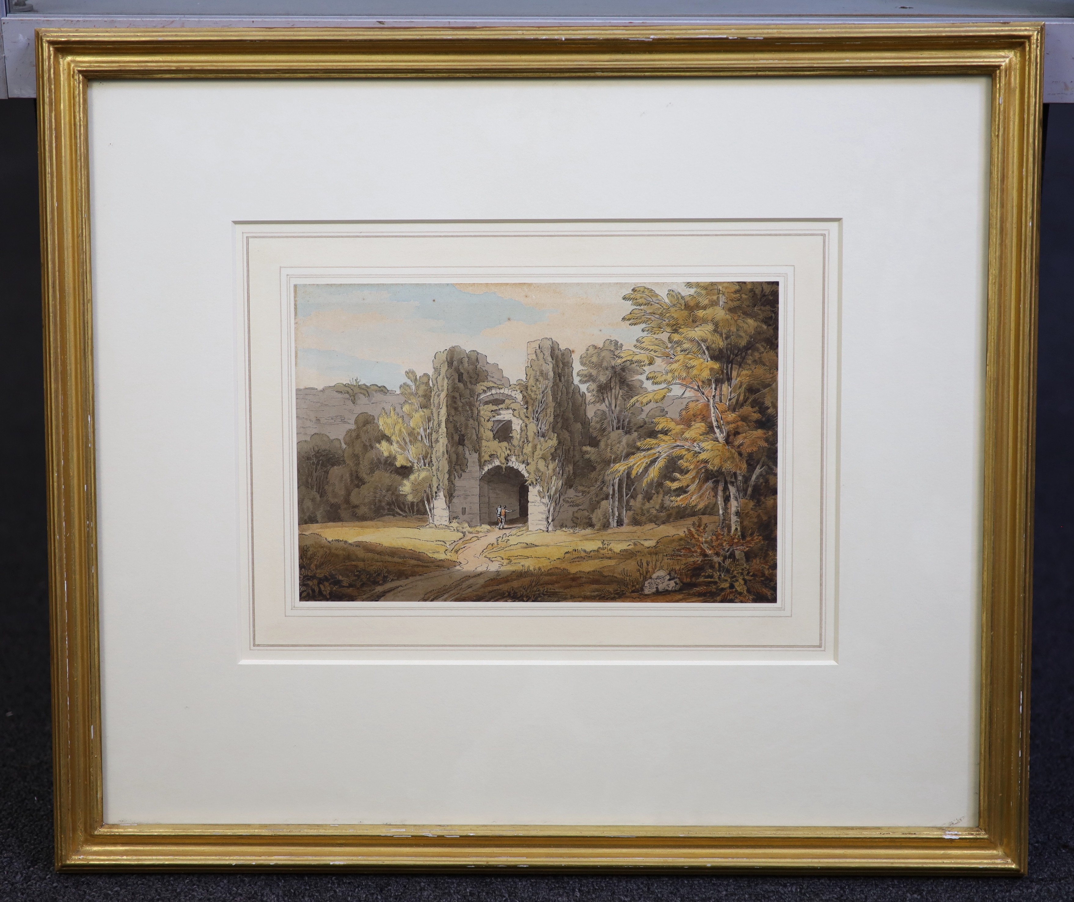 John White Abbott (British, 1763-1851), 'Berry Pomeroy Castle, Devon', watercolour and ink, 16 x 24cm